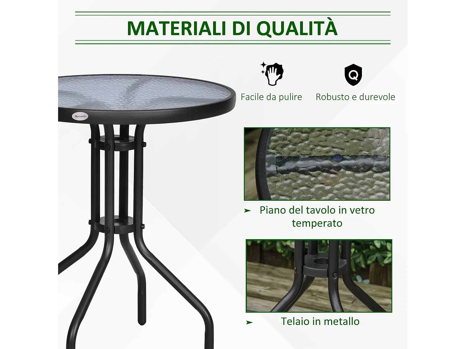 Tavolino Rotondo da Giardino con Piano in Vetro Temperato Nero