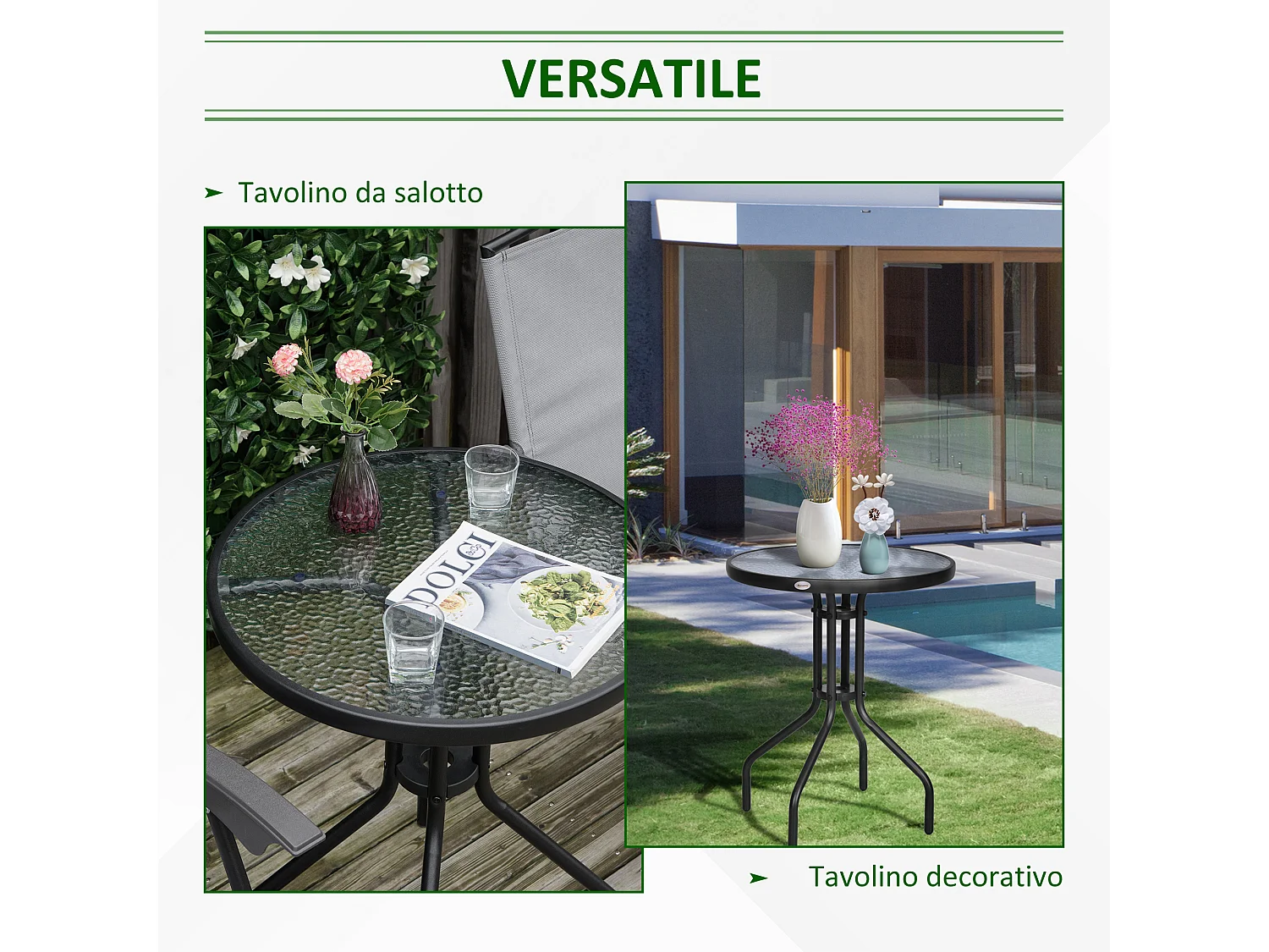 Tavolino Rotondo da Giardino con Piano in Vetro Temperato Nero