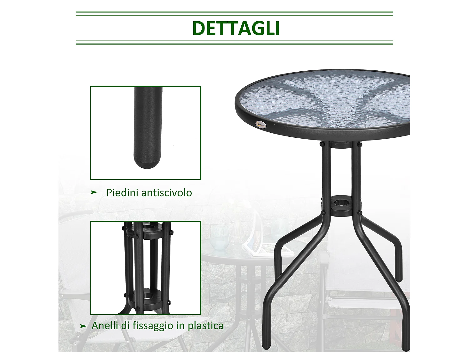 Tavolino Rotondo da Giardino con Piano in Vetro Temperato Nero