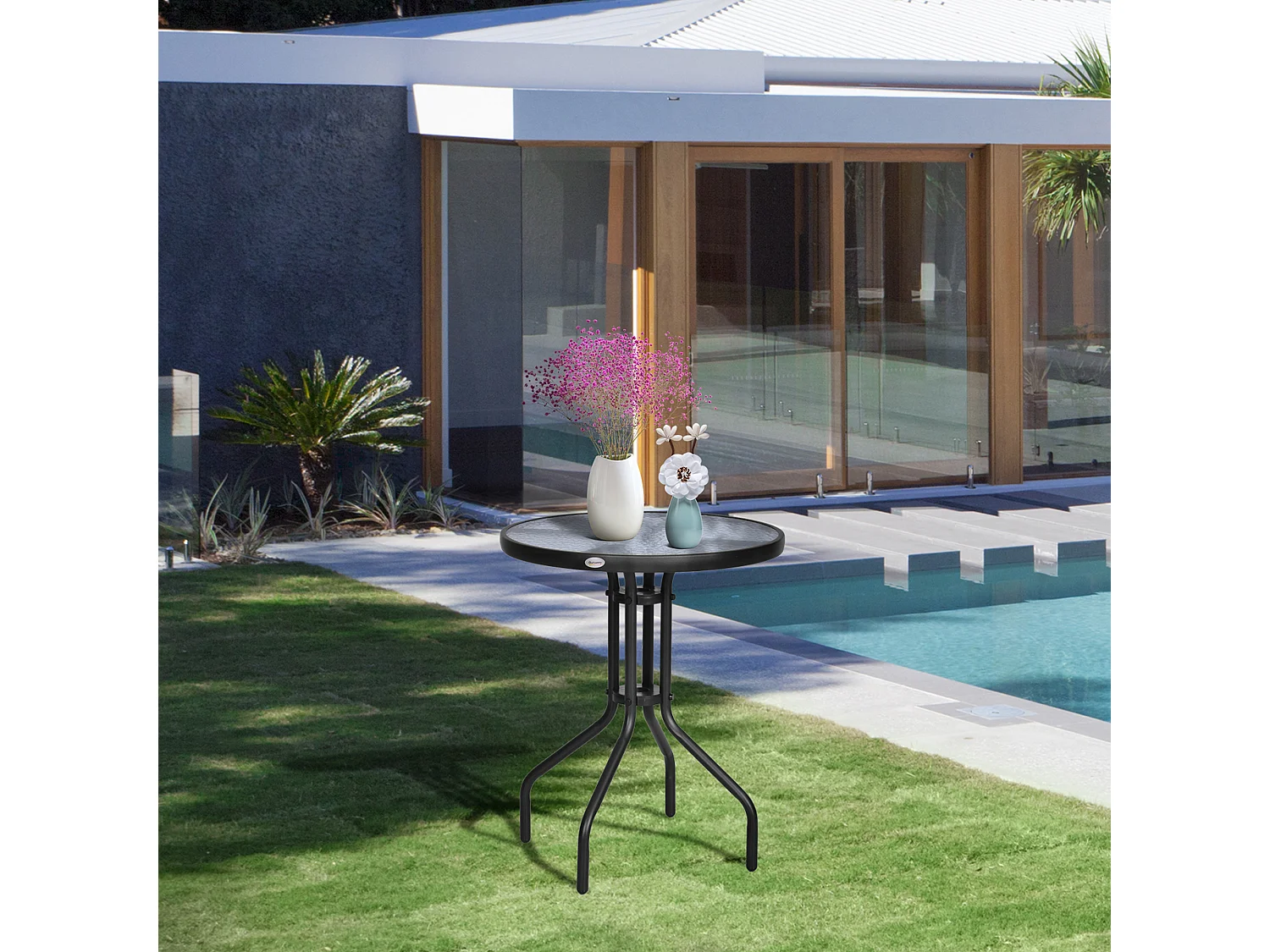 Tavolino Rotondo da Giardino con Piano in Vetro Temperato Nero