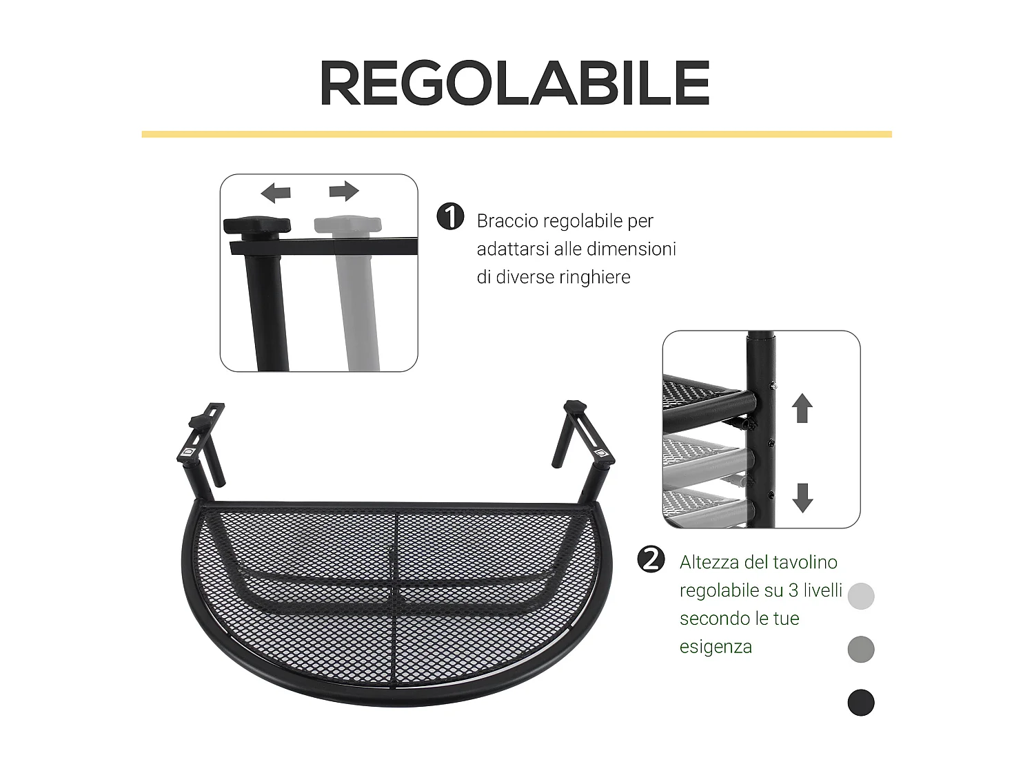 Tavolino da ringhiera pieghevole 3 altezze in metallo nero
