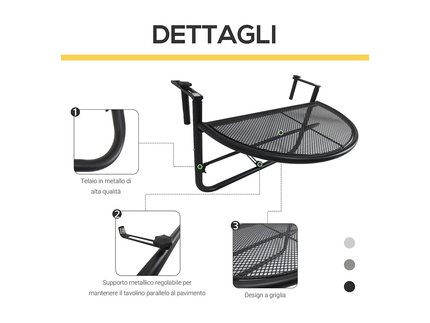 Tavolino da ringhiera pieghevole 3 altezze in metallo nero