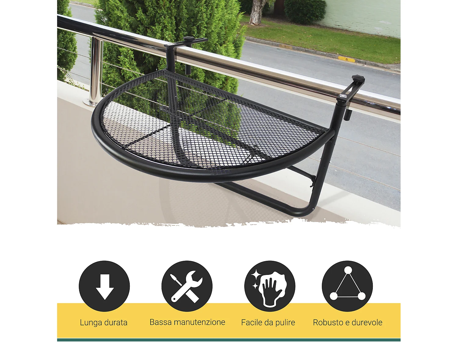 Tavolino da ringhiera pieghevole 3 altezze in metallo nero