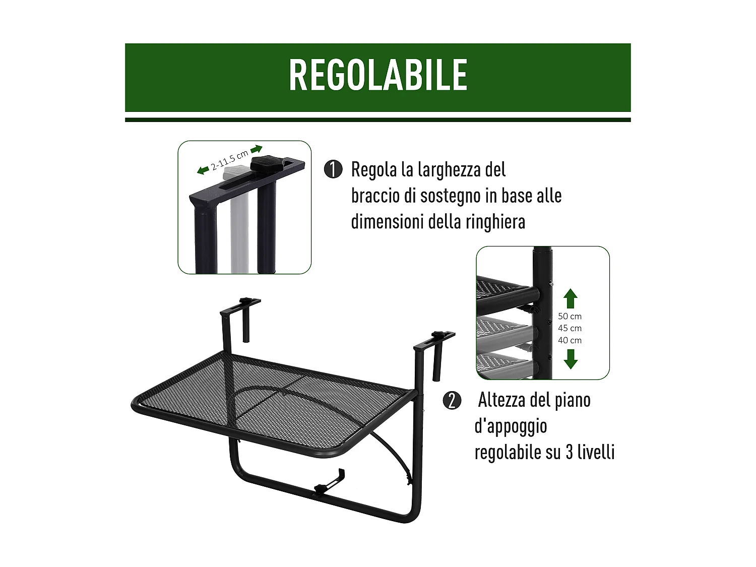 Tavolo da ringhiera ad altezza regolabile nero 60x56x50cm