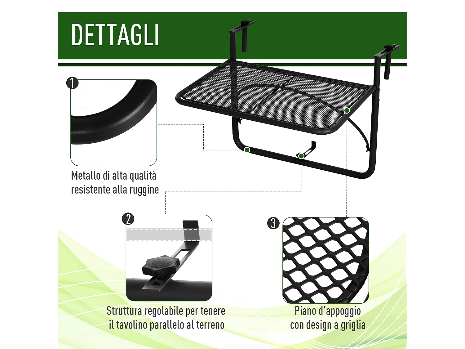 Tavolo da ringhiera ad altezza regolabile nero 60x56x50cm