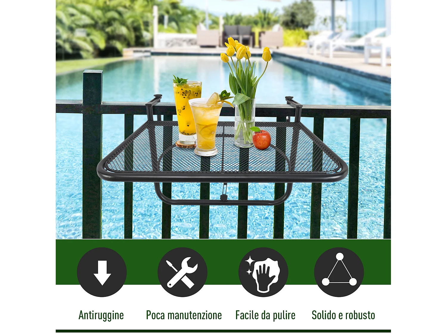 Tavolo da ringhiera ad altezza regolabile nero 60x56x50cm