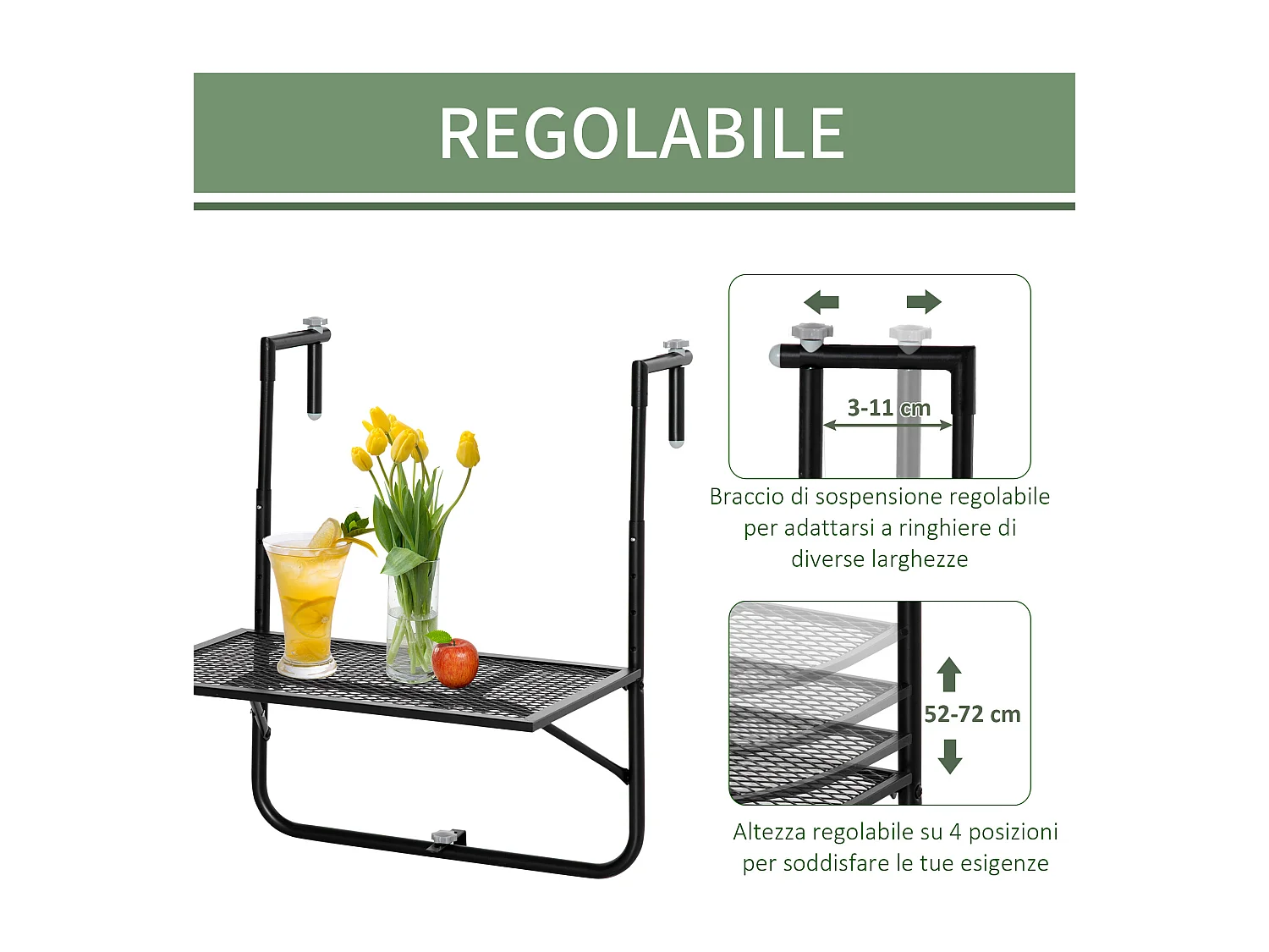 Tavolino da ringhiera pieghevole altezza regolabile nero