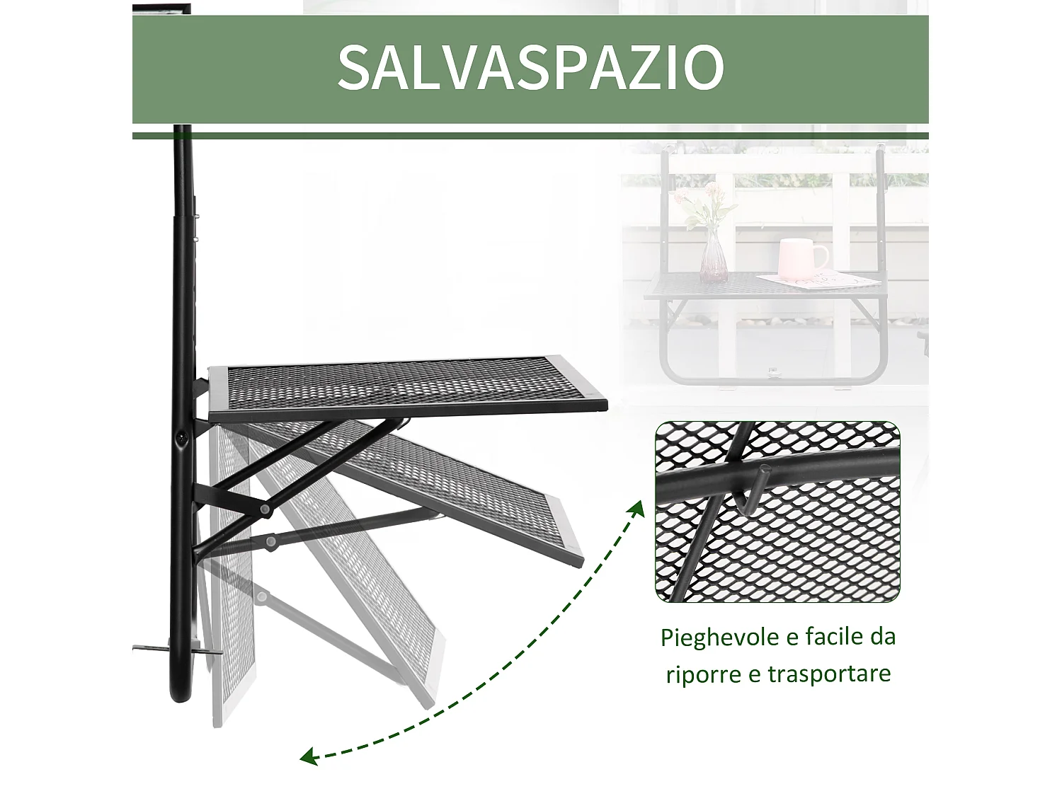 Tavolino da ringhiera pieghevole altezza regolabile nero