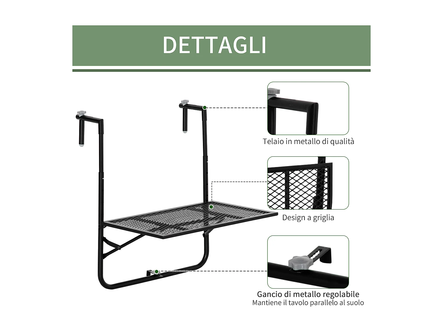 Tavolino da ringhiera pieghevole altezza regolabile nero