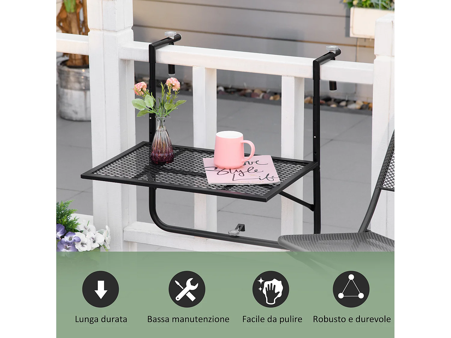 Tavolino da ringhiera pieghevole altezza regolabile nero