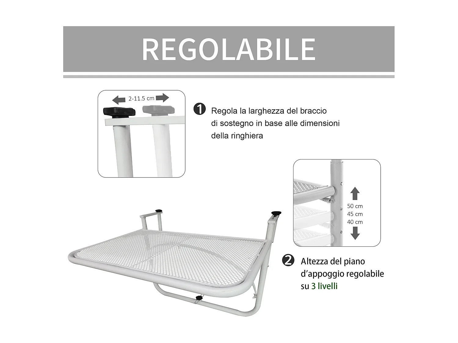 Tavolo da ringhiera altezza regolabile bianco 60x56x50cm