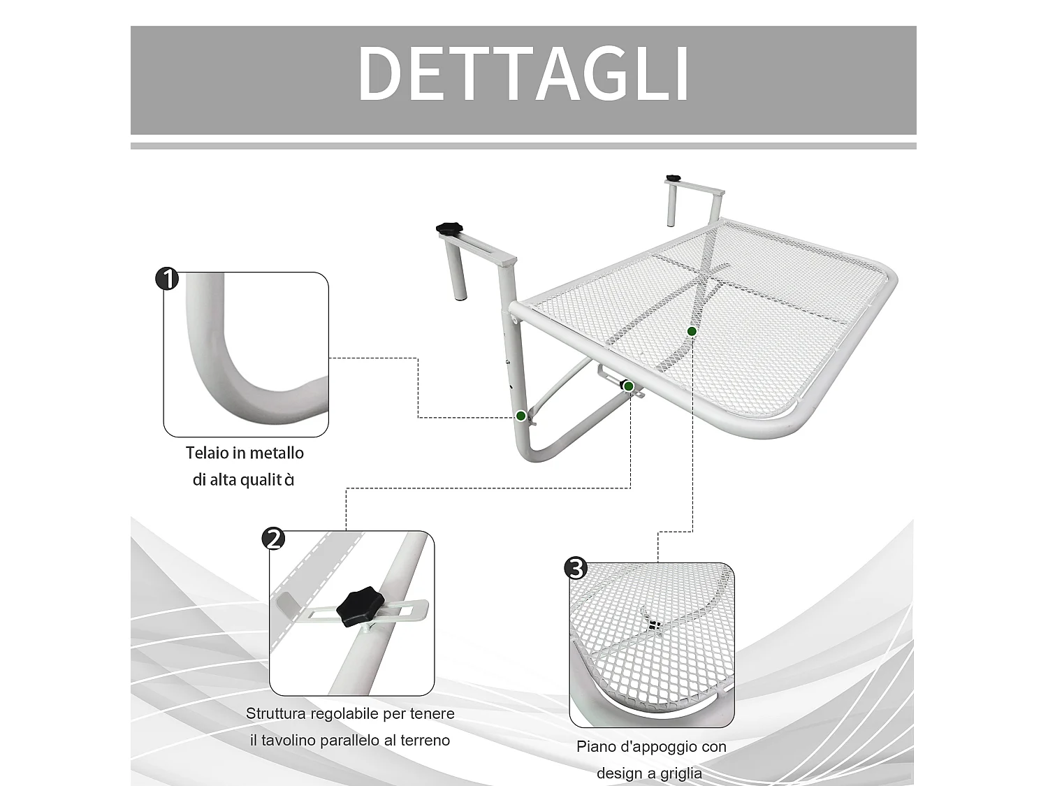 Tavolo da ringhiera altezza regolabile bianco 60x56x50cm