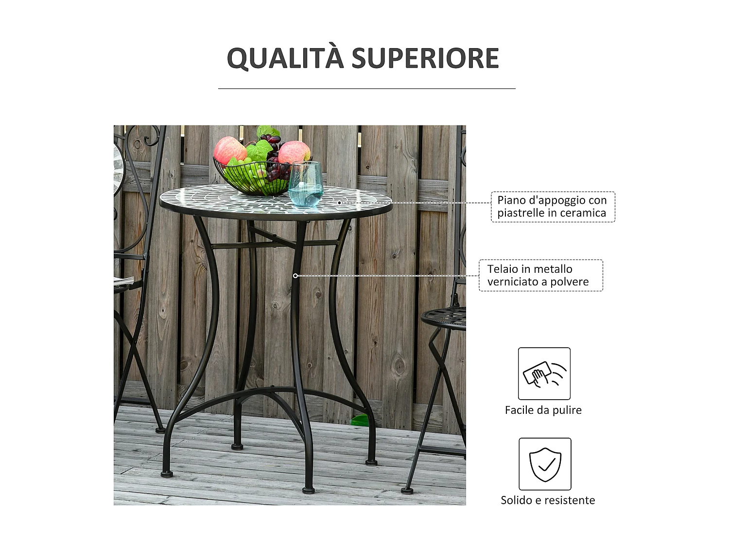 Tavolino da Caffè per Esterni con Piano in Ceramica Mosaico e Struttura in Metallo