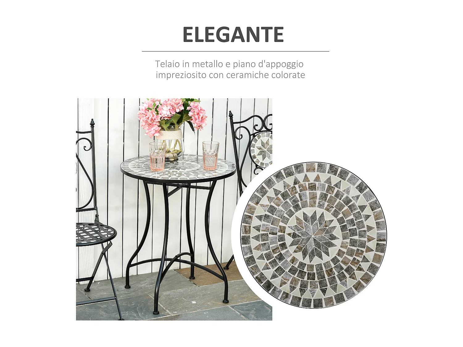 Tavolino da Caffè per Esterni con Piano in Ceramica Mosaico e Struttura in Metallo