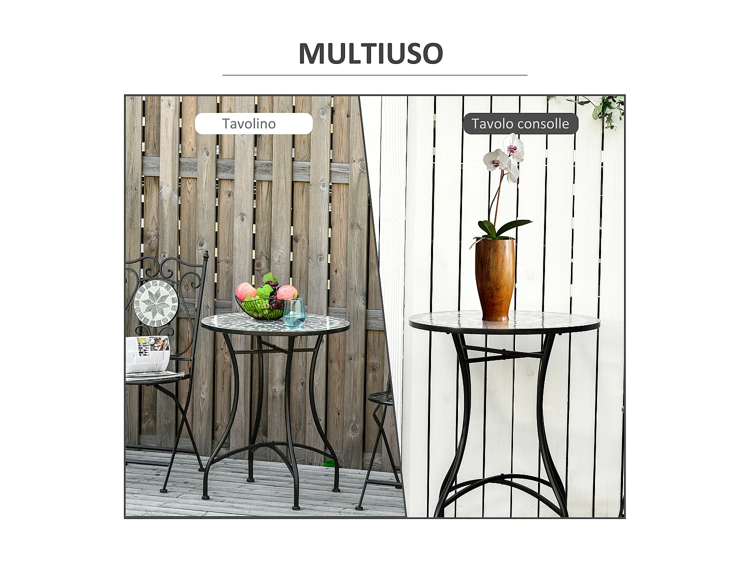 Tavolino da Caffè per Esterni con Piano in Ceramica Mosaico e Struttura in Metallo