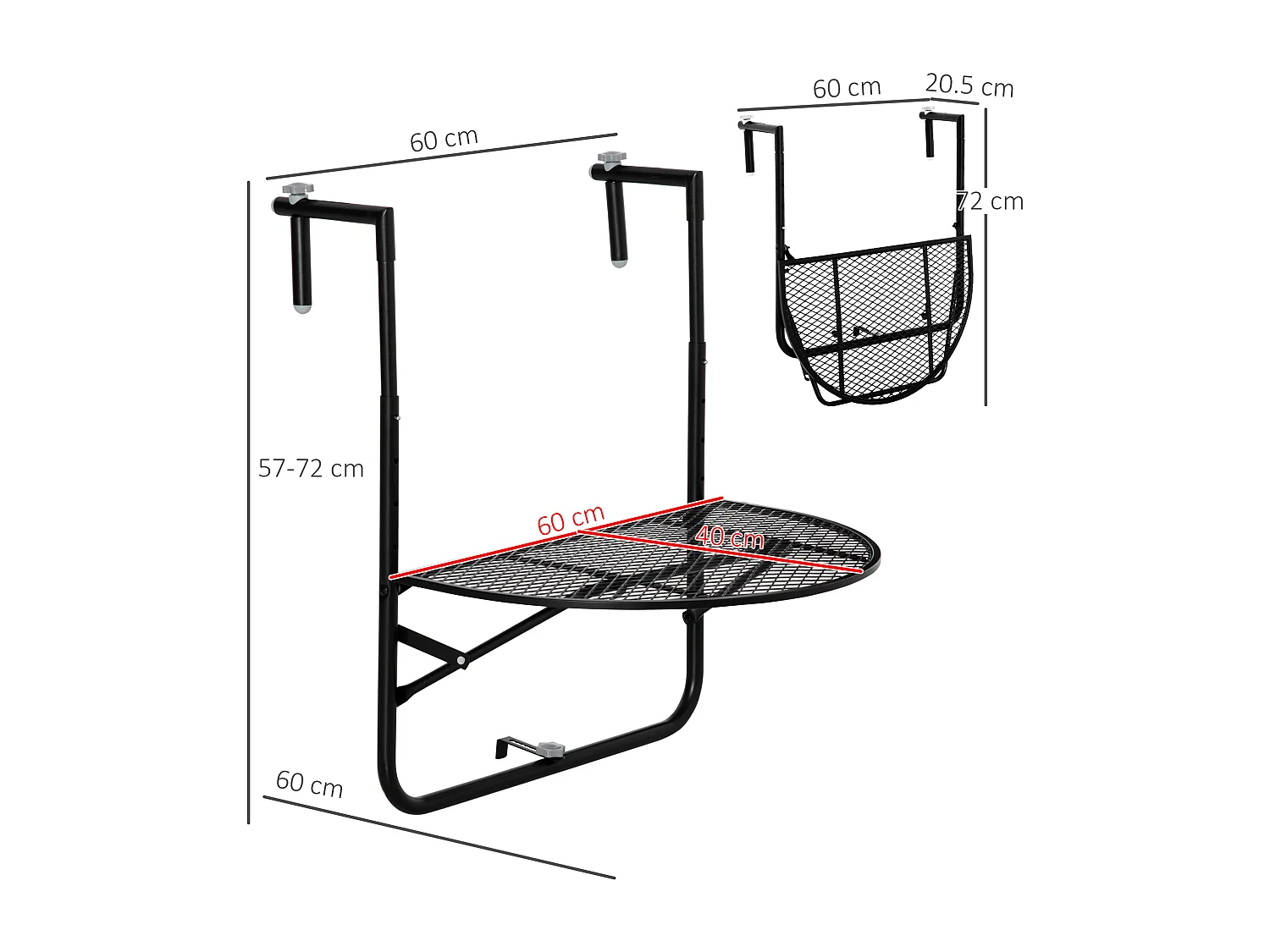 Tavolino da ringhiera pieghevole altezza regolabile nero