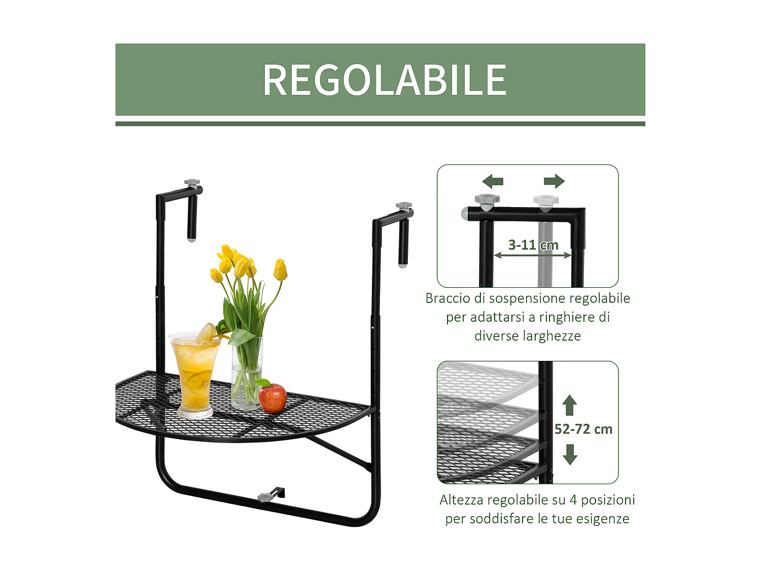 Tavolino da ringhiera pieghevole altezza regolabile nero