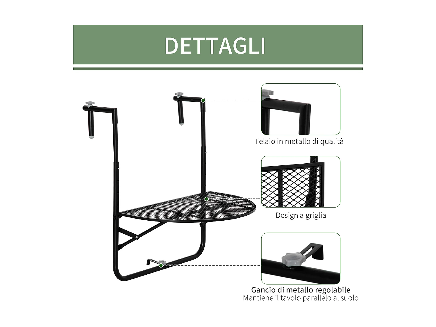 Tavolino da ringhiera pieghevole altezza regolabile nero