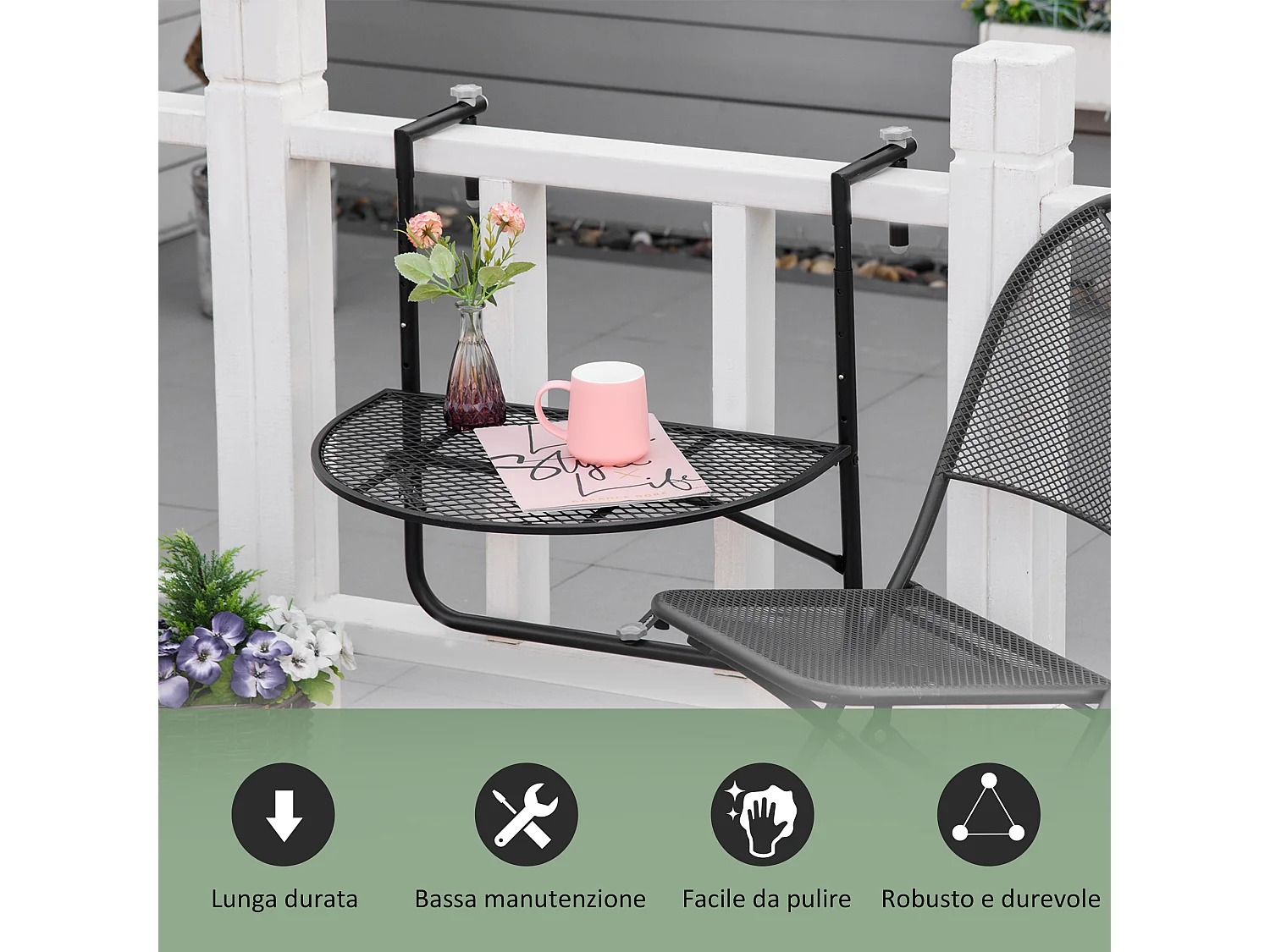 Tavolino da ringhiera pieghevole altezza regolabile nero