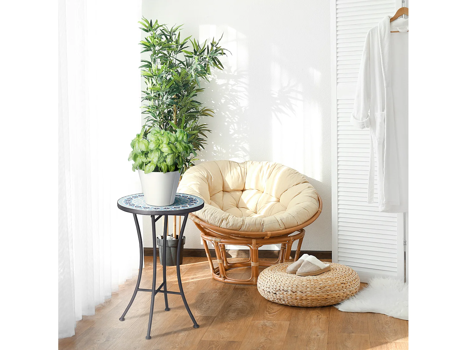 Tavolino da giardino rotondo in metallo e ceramica blu