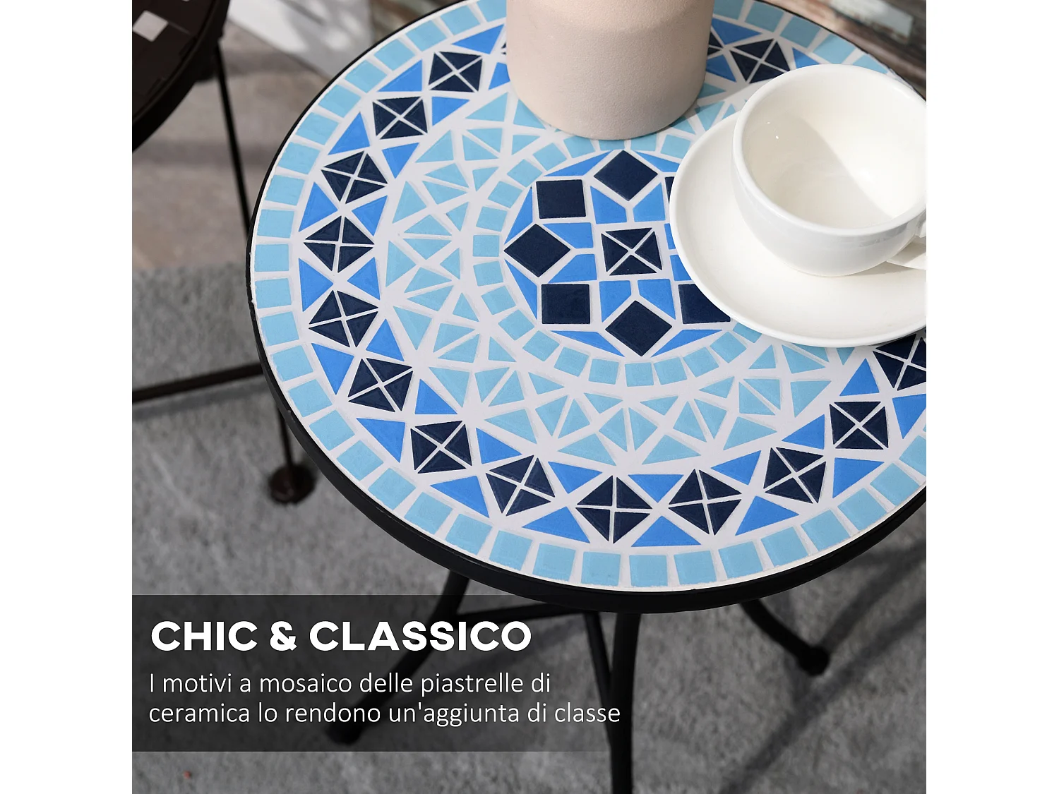 Tavolino da giardino rotondo in metallo e ceramica blu