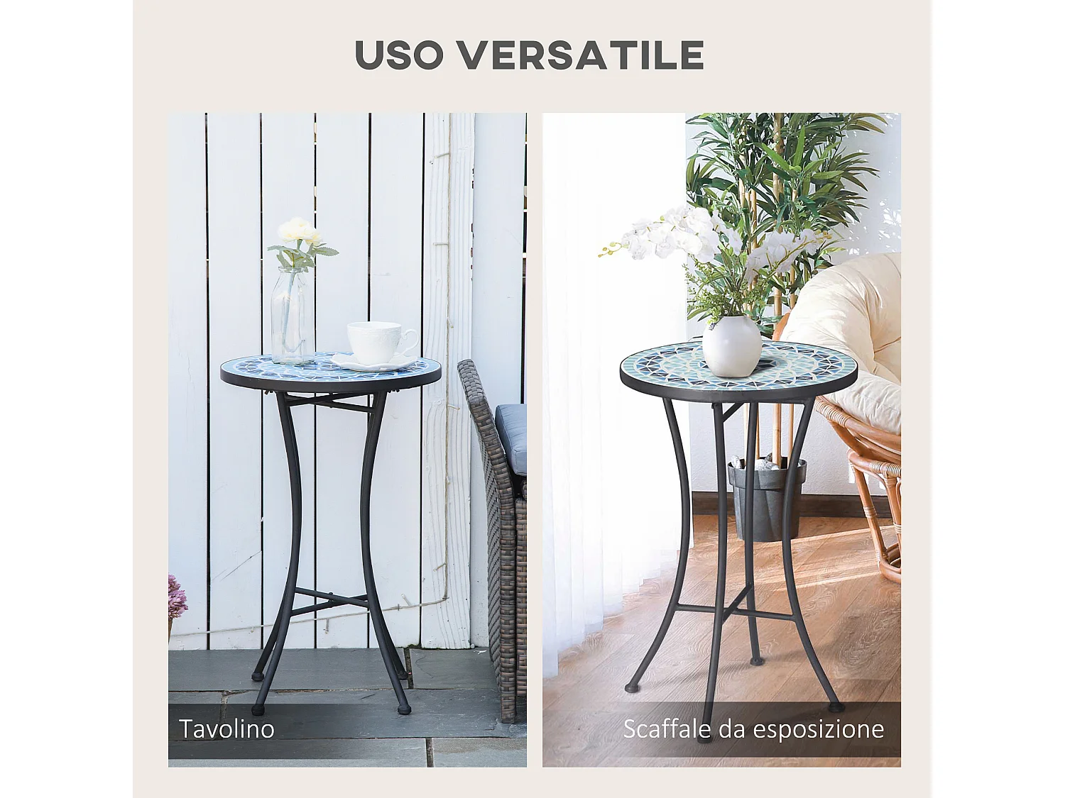 Tavolino da giardino rotondo in metallo e ceramica blu