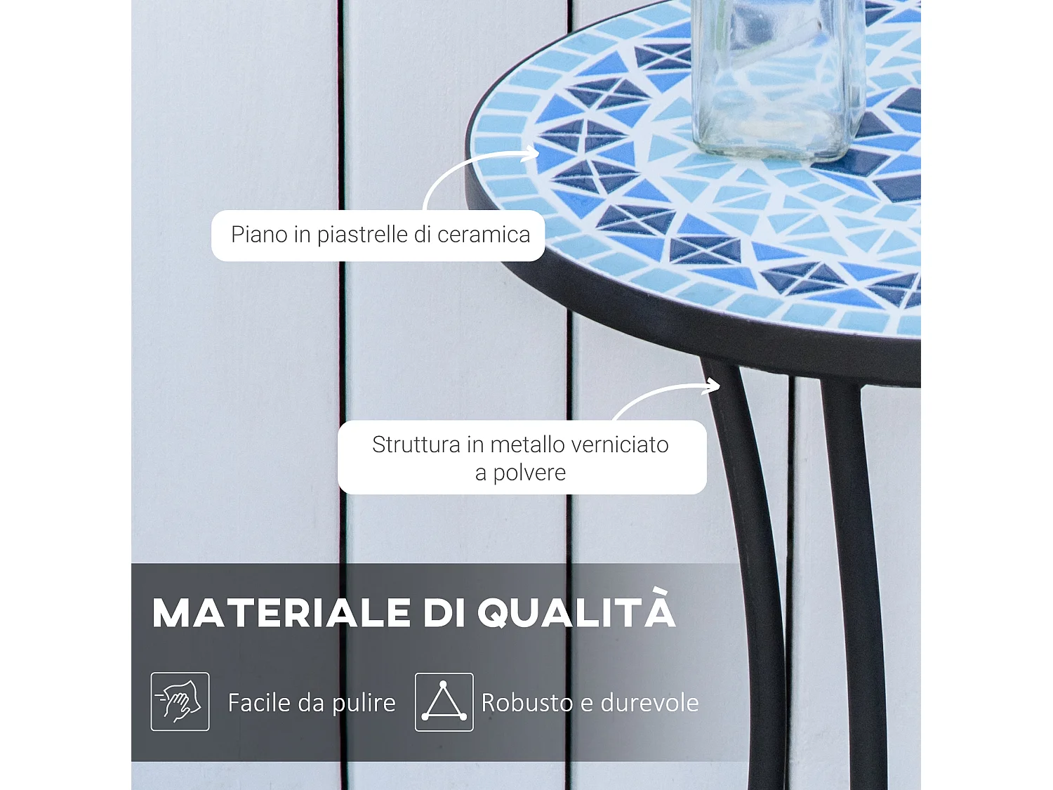 Tavolino da giardino rotondo in metallo e ceramica blu