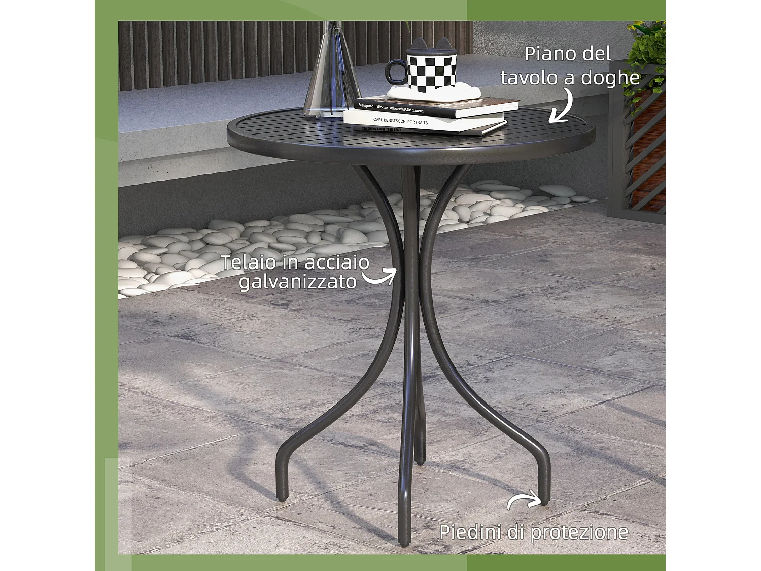 Tavolo da giardino rotondo con piano a doghe in acciaio nero