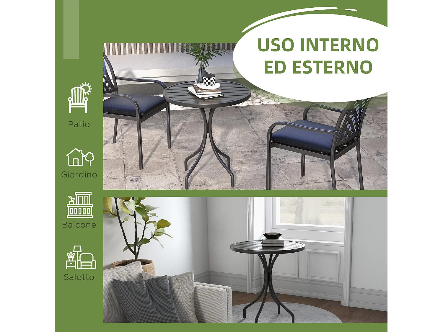 Tavolo da giardino rotondo con piano a doghe in acciaio nero