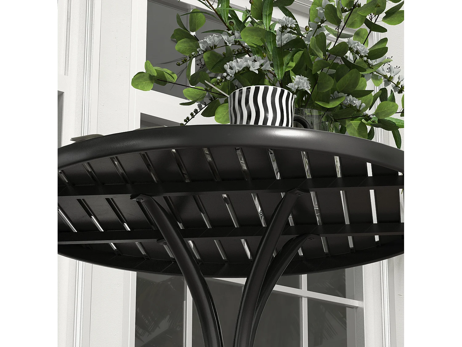 Tavolo da giardino rotondo con piano a doghe in acciaio nero