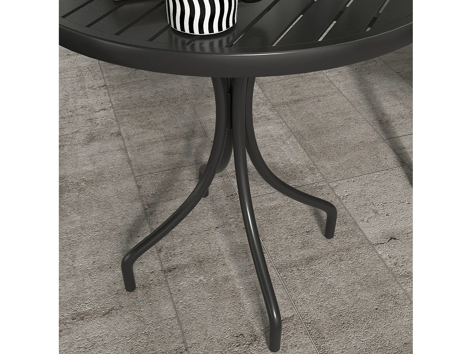 Tavolo da giardino rotondo con piano a doghe in acciaio nero