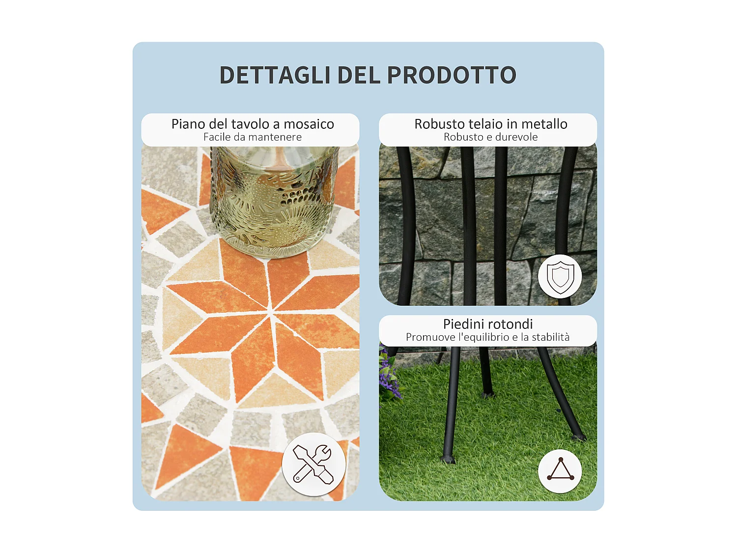Tavolino rotondo esterni con piano a mosaico multicolore