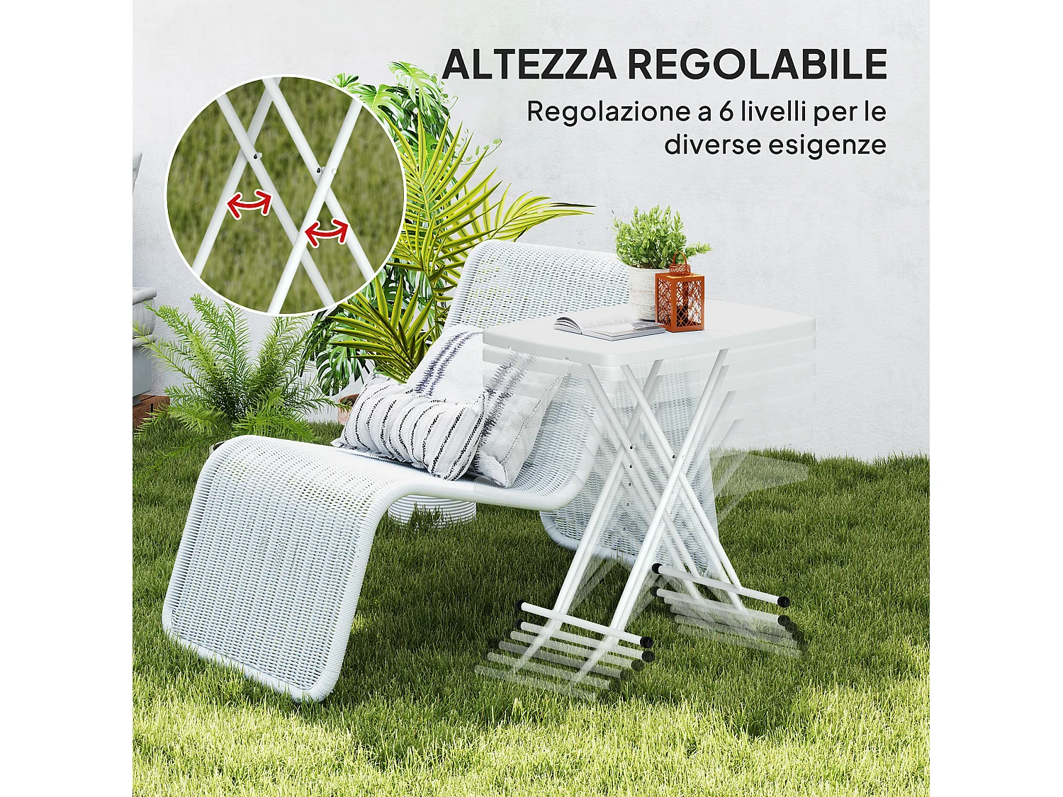 Tavolino da giardino pieghevole con altezza regolabile bianco