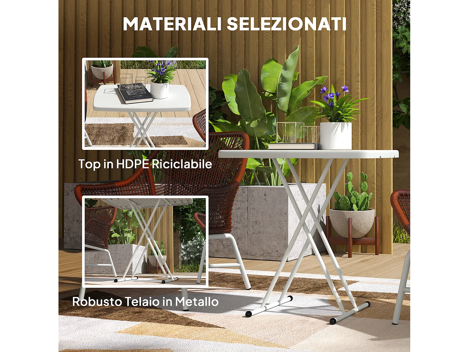 Tavolino da giardino pieghevole con altezza regolabile bianco