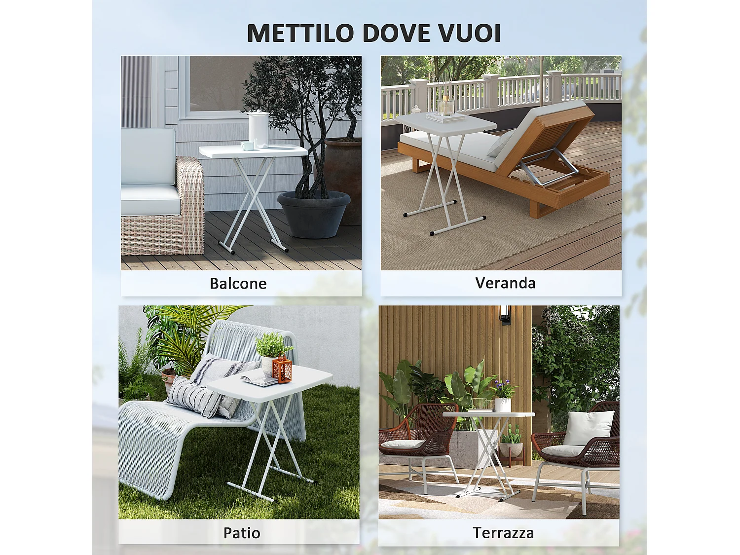 Tavolino da giardino pieghevole con altezza regolabile bianco