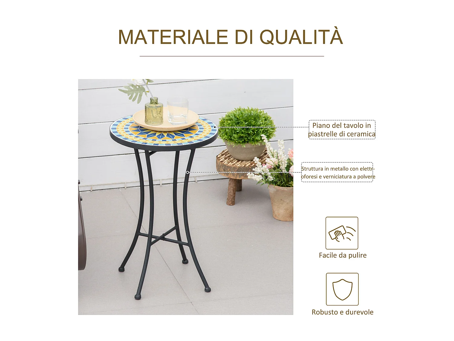 Tavolino da giardino piano d'appoggio a mosaico in ceramica