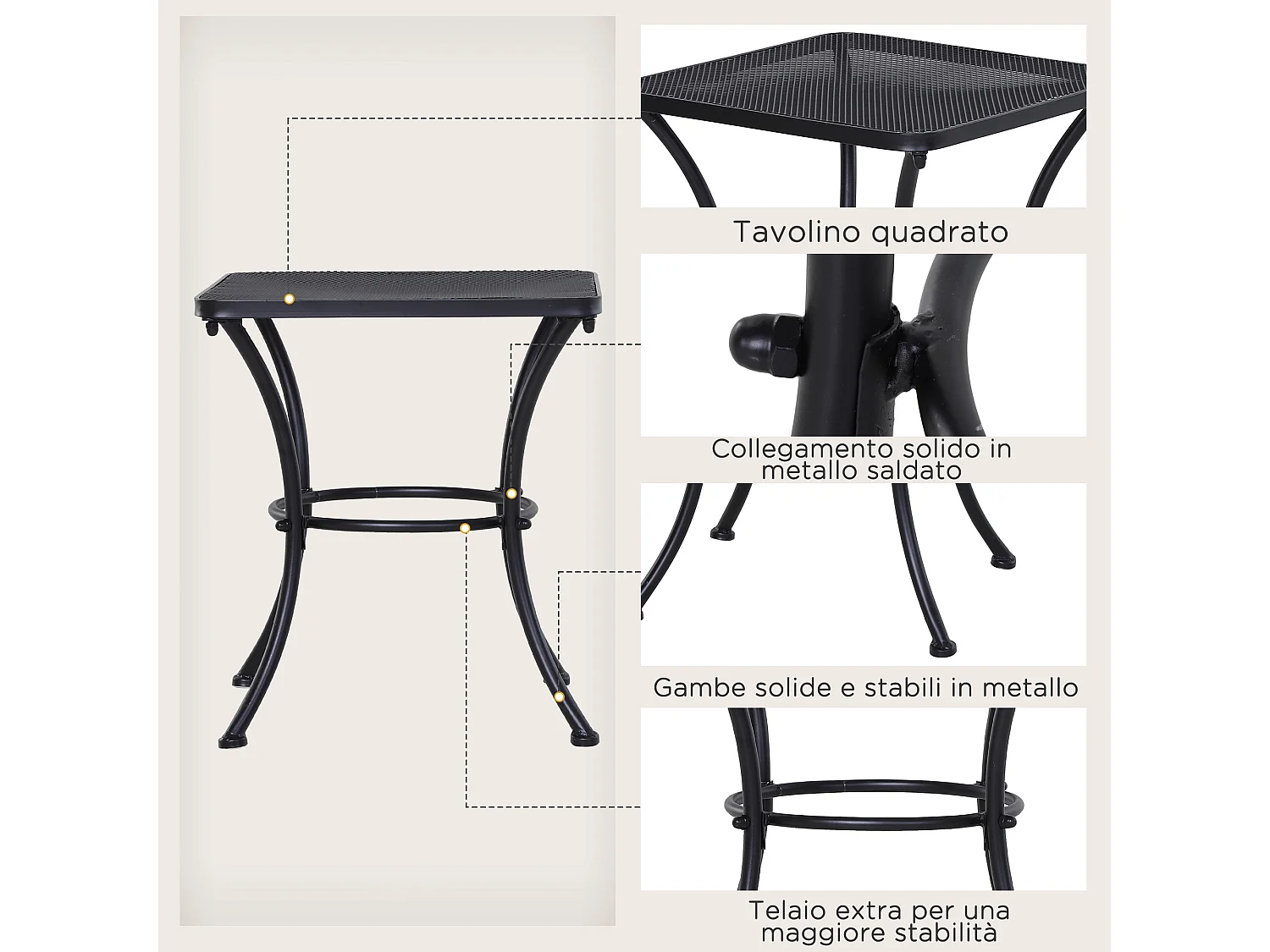 Tavolino da giardino in acciaio piano traforato 45x45x50cm