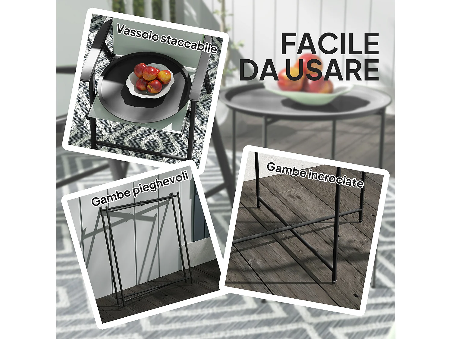 Tavolino da giardino con vassoio rimovibile e gambe pieghevoli nero