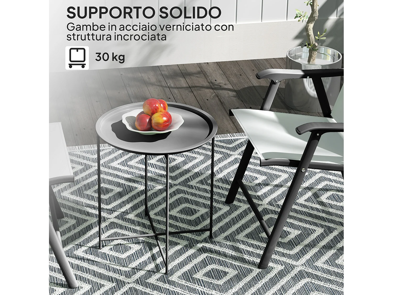 Tavolino da giardino con vassoio rimovibile e gambe pieghevoli nero