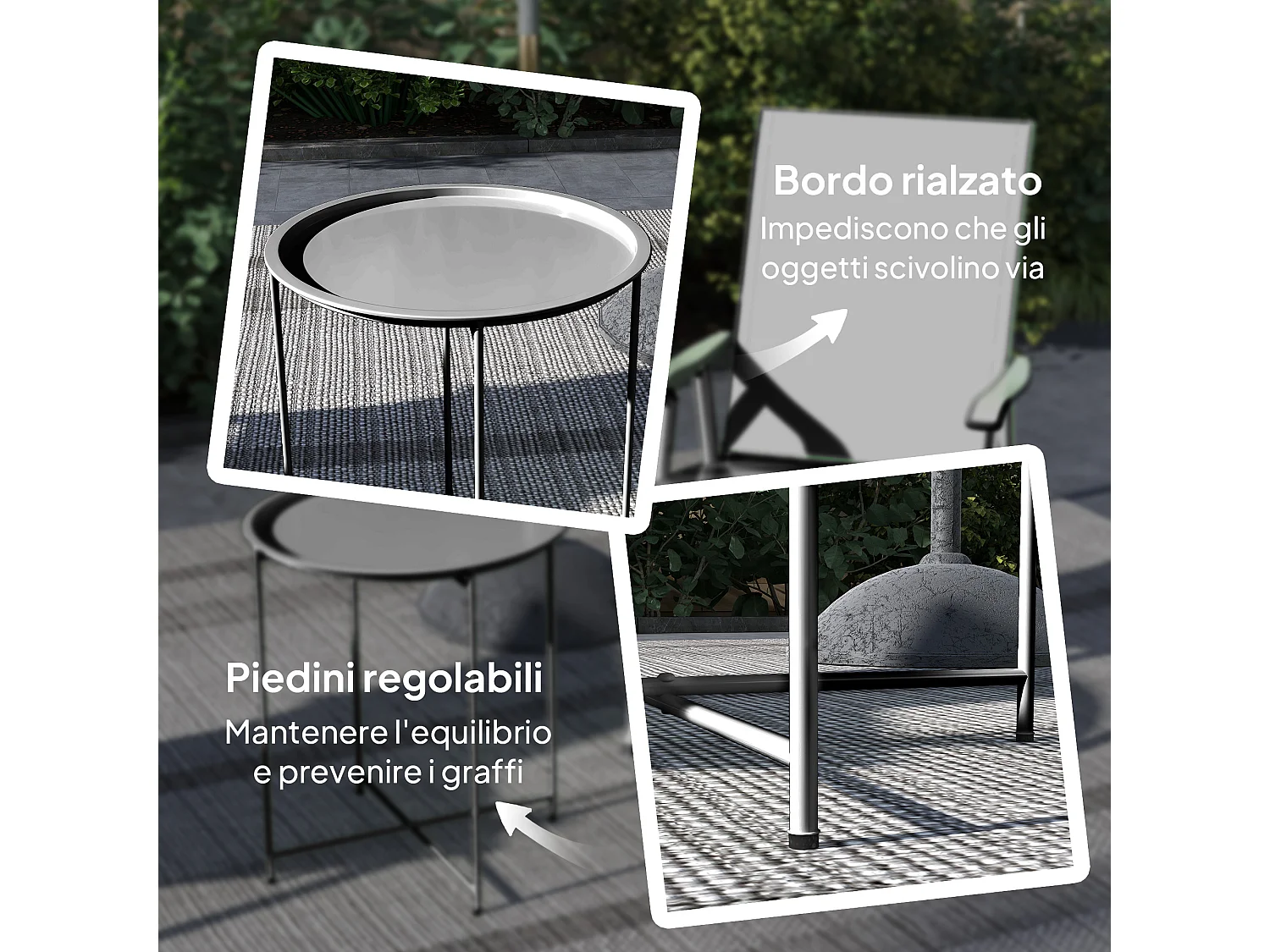 Tavolino da giardino con vassoio rimovibile e gambe pieghevoli nero