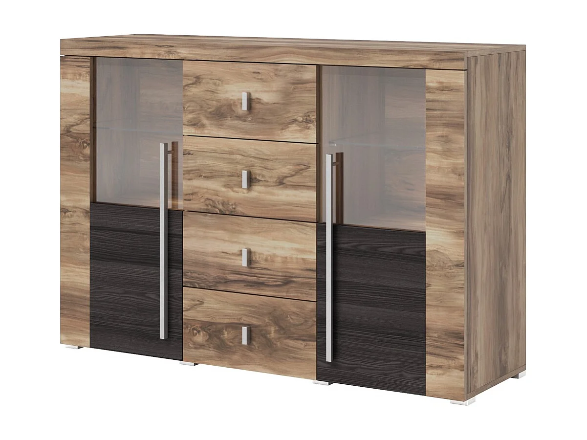 Buffet BRAZZA 2 deuren 4 laden - Afwerking in satijn notenhout - Open en glazen nissen - 132 cm