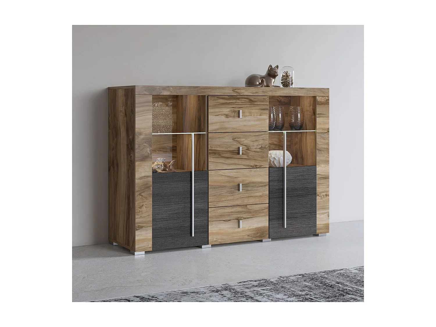 Buffet BRAZZA 2 deuren 4 laden - Afwerking in satijn notenhout - Open en glazen nissen - 132 cm