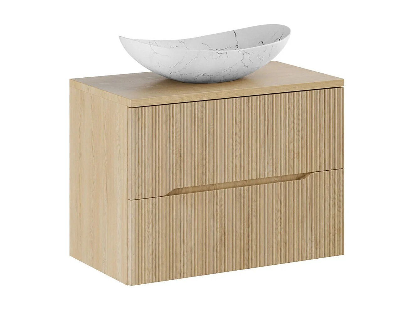 Ensemble de salle de bain NATURA 80cm : meuble sous vasque + plan pour vasque + vasque à poser asymétrique blanche marbrée