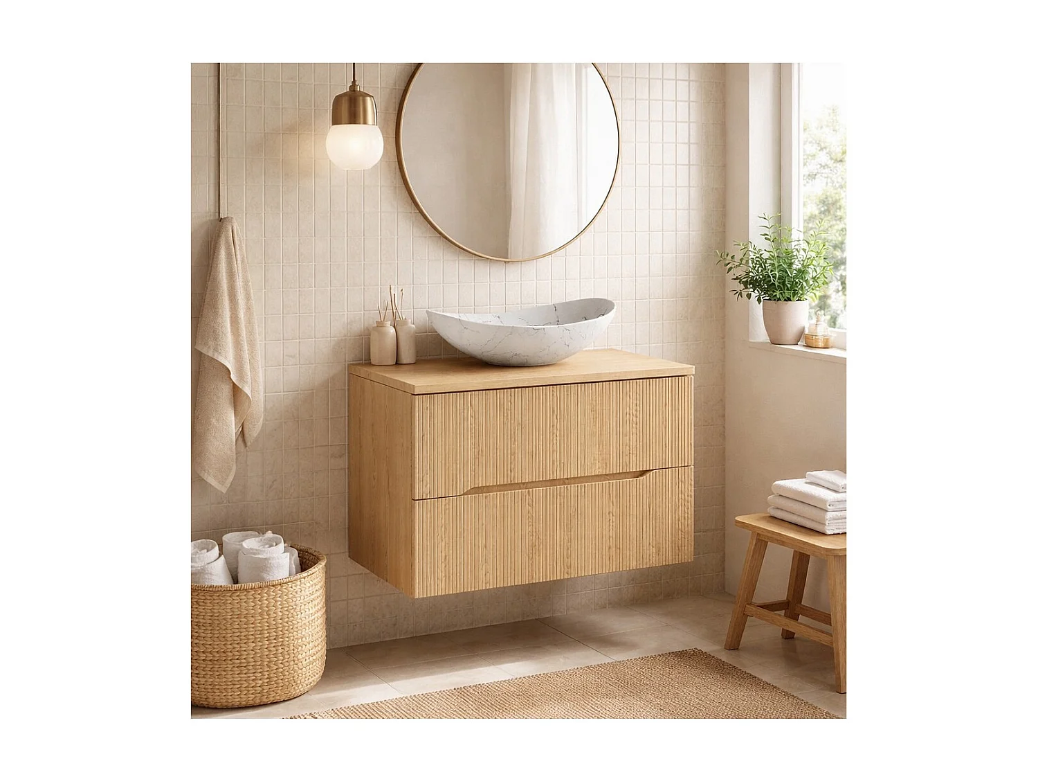 Ensemble de salle de bain NATURA 80cm : meuble sous vasque + plan pour vasque + vasque à poser asymétrique blanche marbrée