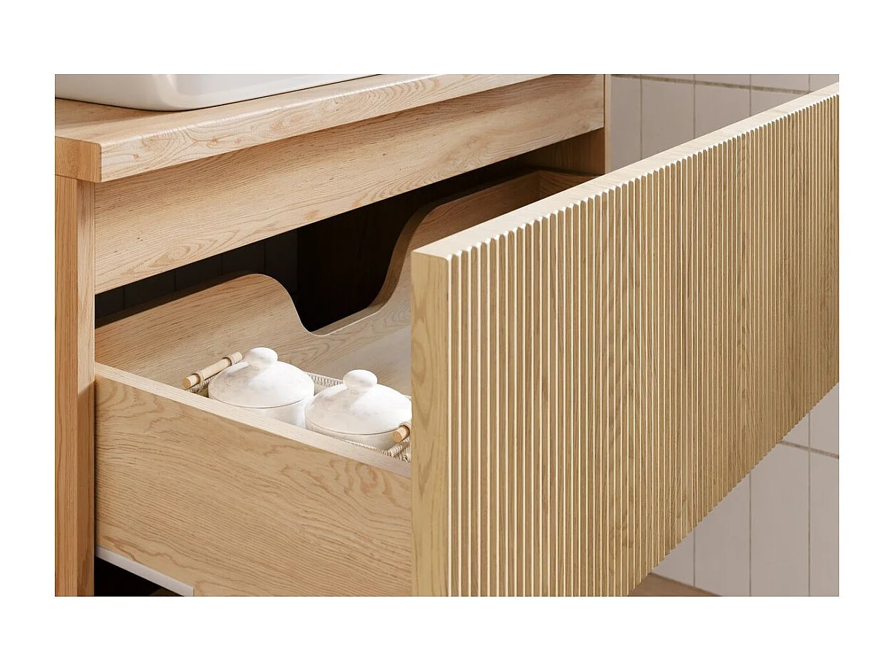 Ensemble de salle de bain NATURA 80cm : meuble sous vasque + plan pour vasque + vasque à poser asymétrique blanche marbrée