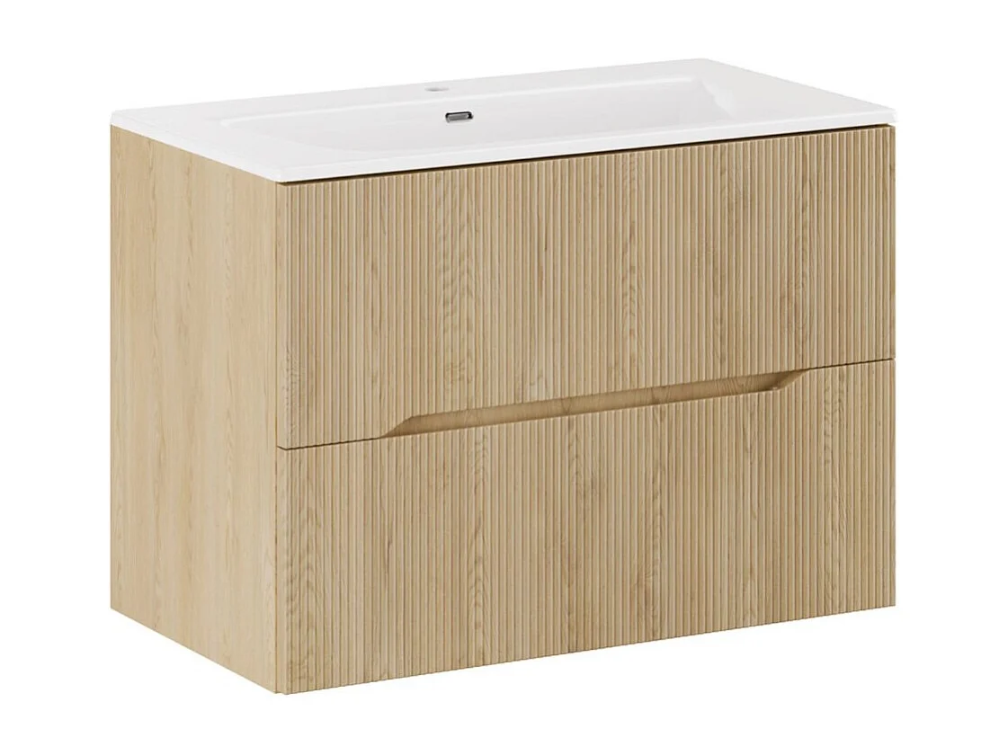 Ensemble de salle de bain NATURA 80cm : meuble sous vasque aspect bois clair rainuré verticalement + vasque encastrée