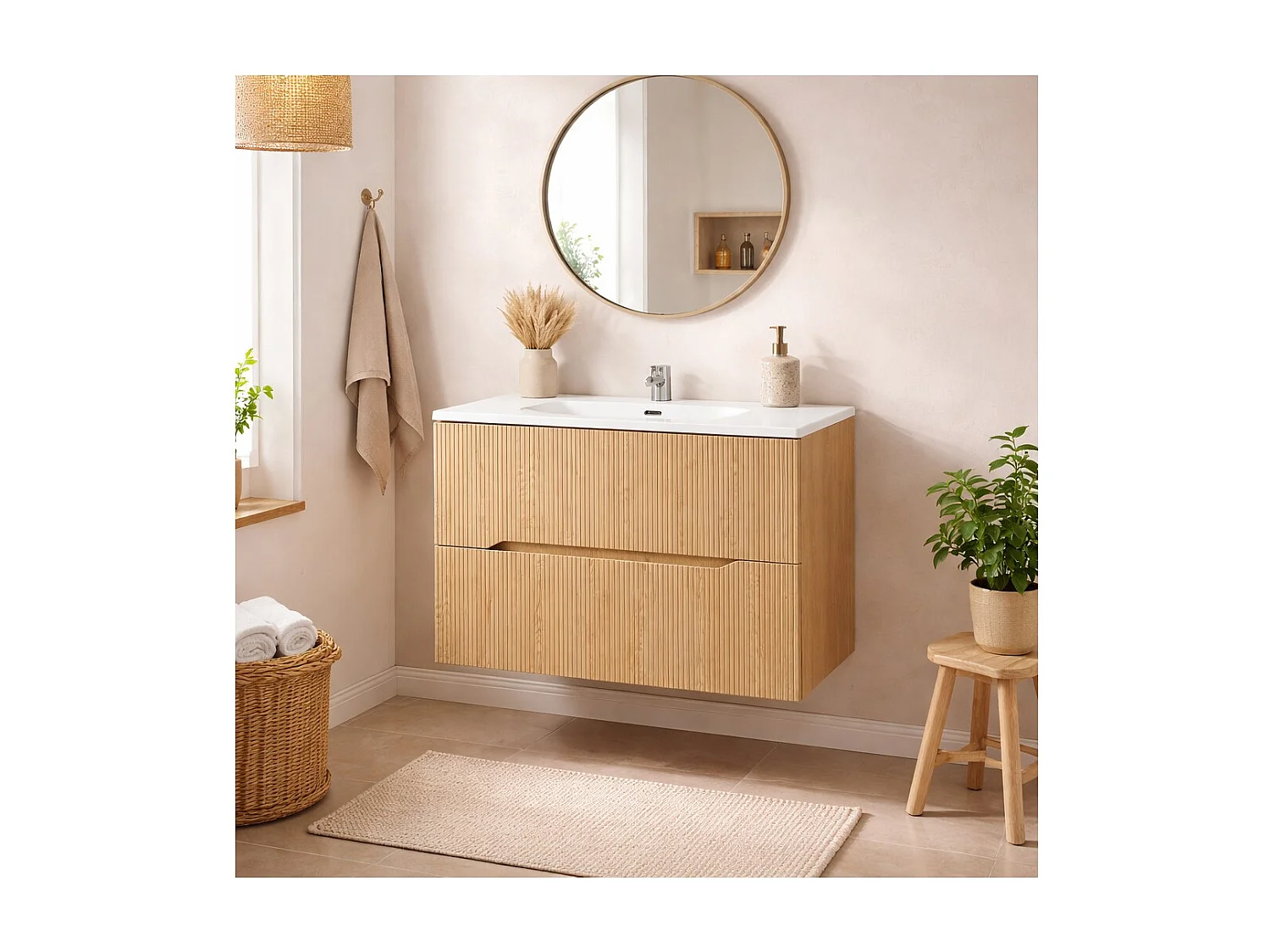 Ensemble de salle de bain NATURA 80cm : meuble sous vasque aspect bois clair rainuré verticalement + vasque encastrée