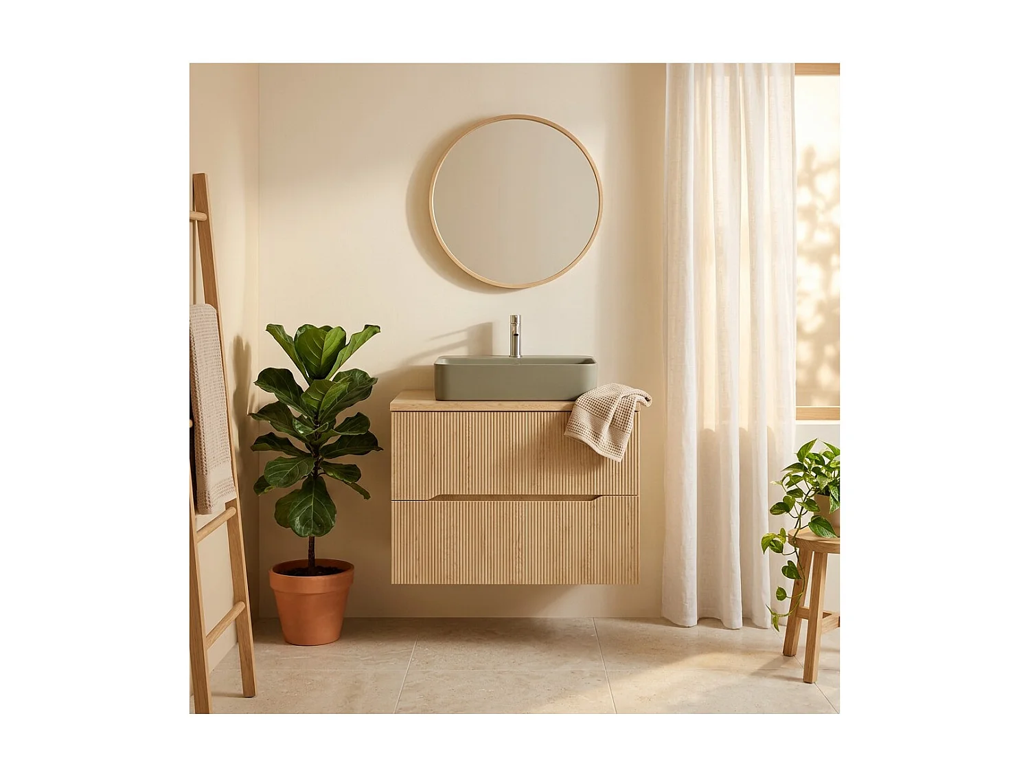 Ensemble de salle de bain NATURA 80cm : meuble sous vasque + plan pour vasque aspect bois clair rainuré verticalement