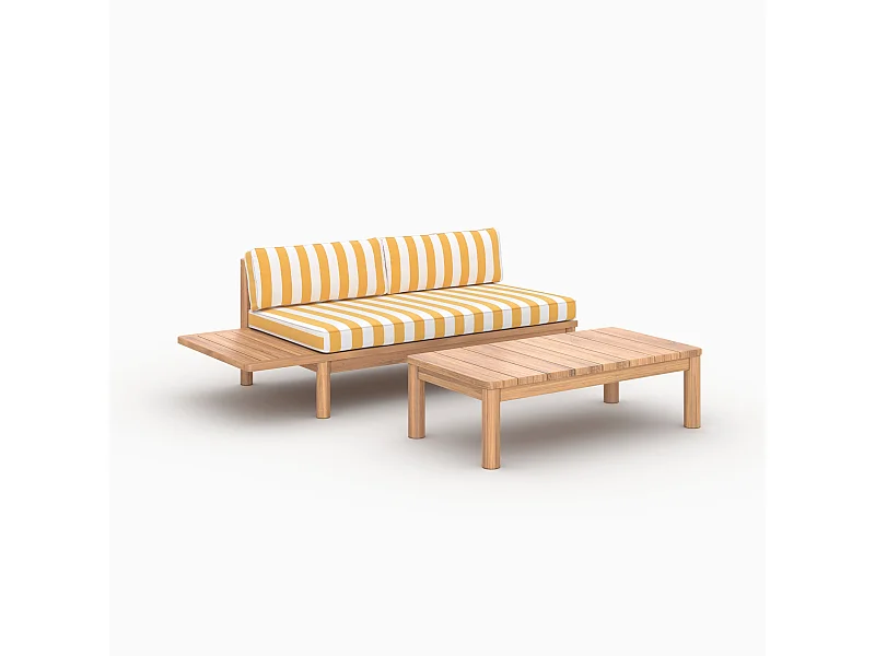 Salon de jardin 2 personnes en teck massif et tissu rayé jaune - Nadila