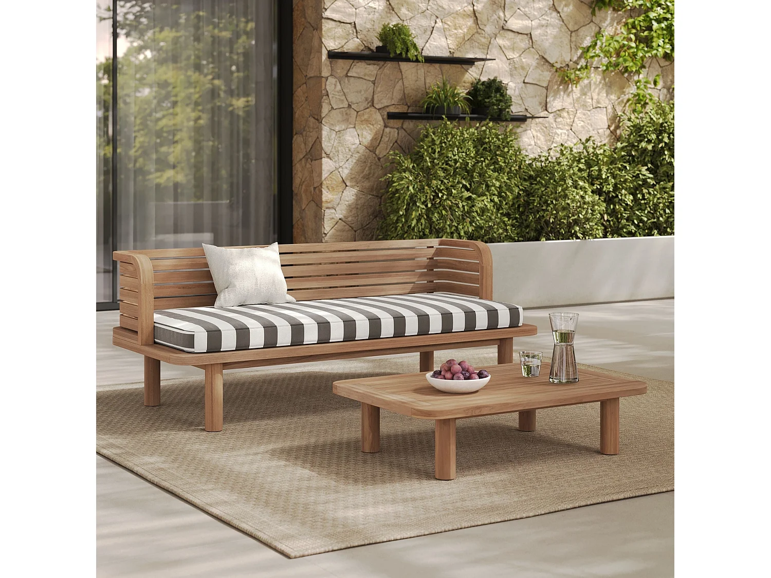 Salon de jardin 2 places en et tissu rayé gris, canapé - Kilda